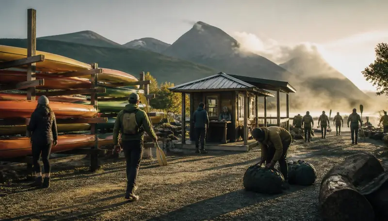 Guides loading gear into a truck at first light before a trip