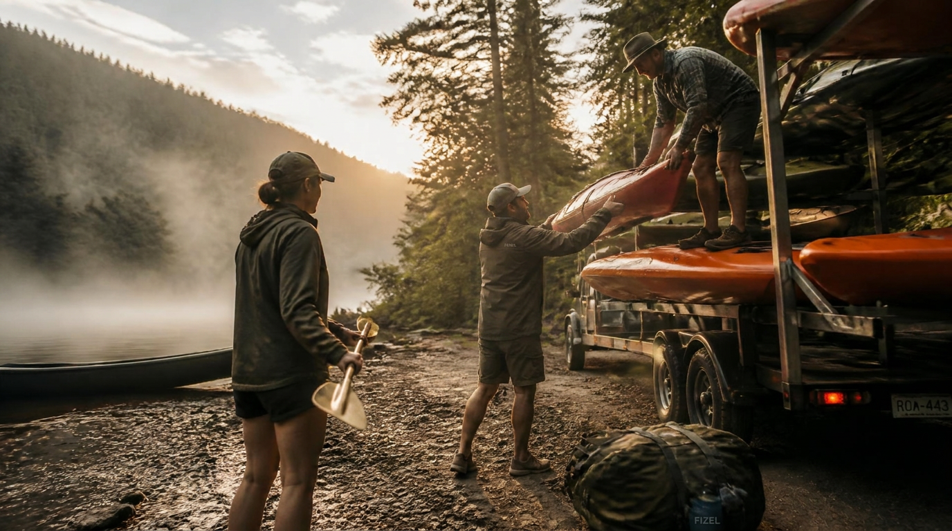 An outfitter crew loading kayaks onto a trailer beside a misty river at sunrise