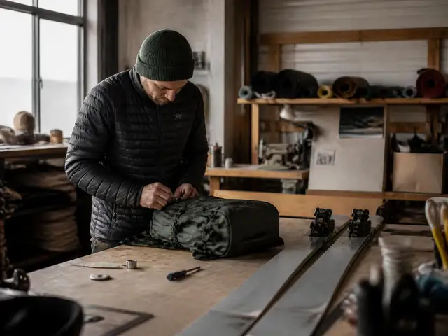Product designer reviewing outdoor gear samples in a bright studio
