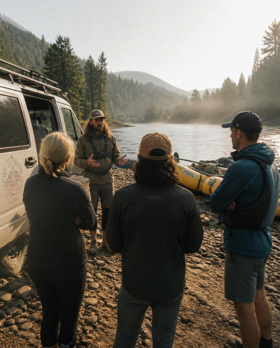 Guide briefing a small group of guests beside a van and rafts at a river put-in