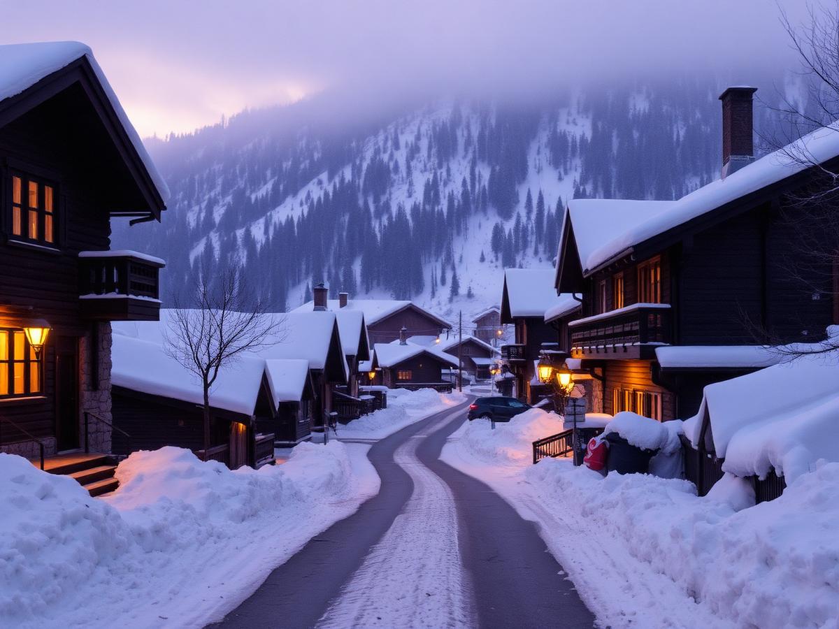 Quiet snow-covered mountain village street at dawn